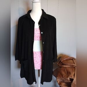 Belle Beach Black Button-Front Terry Cloth Poolside Cover Up Tunic Size Small